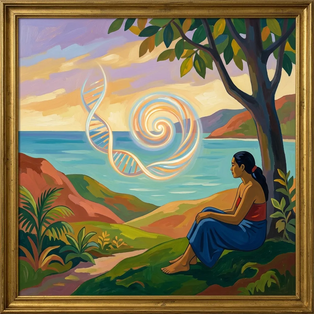Pintura al óleo minimalista al estilo de Paul Gauguin mostrando una figura serena observando una espiral luminosa que representa el ADN