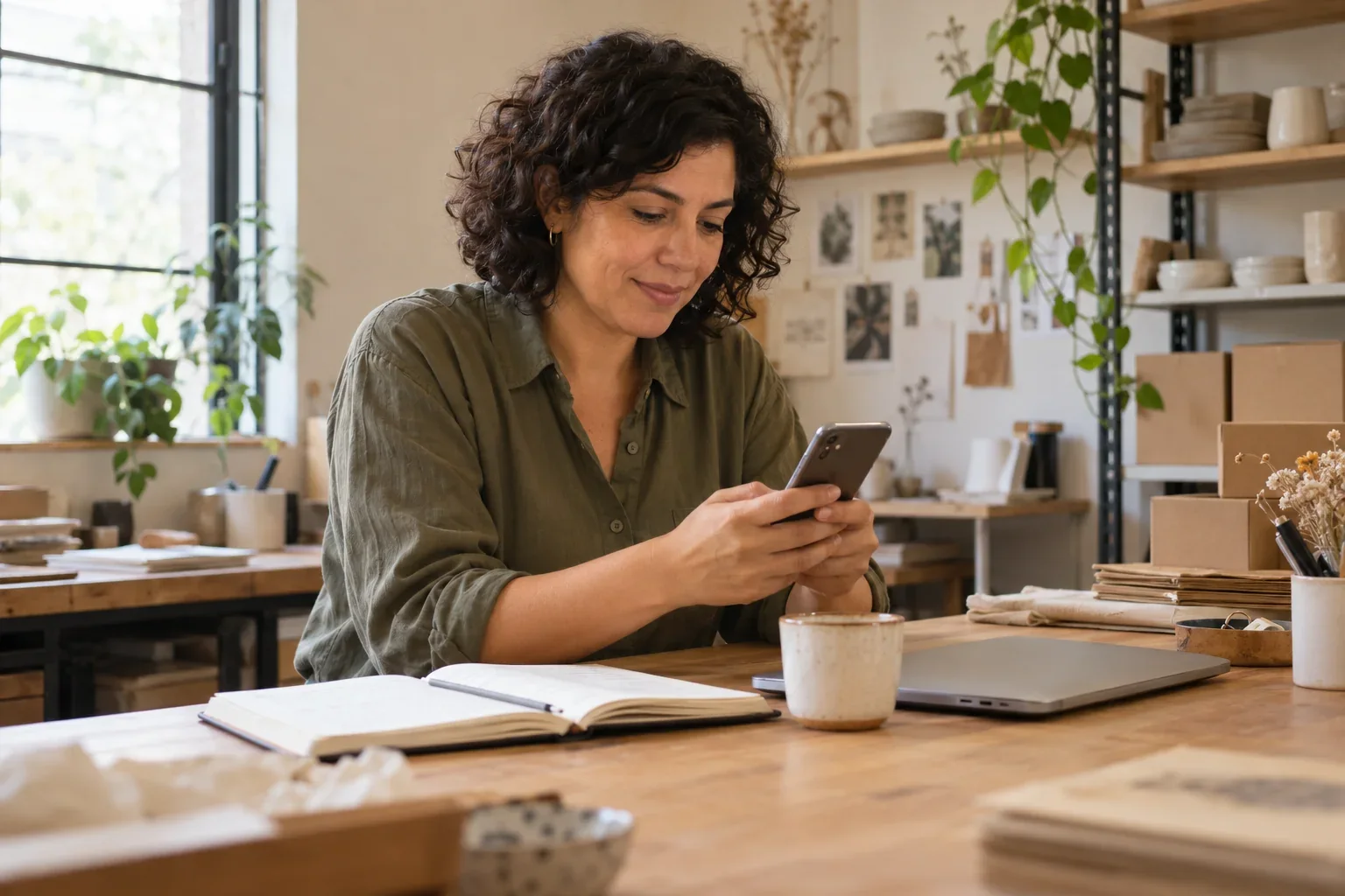 Emprendedora revisando su teléfono junto a un cuaderno en su espacio de trabajo.
