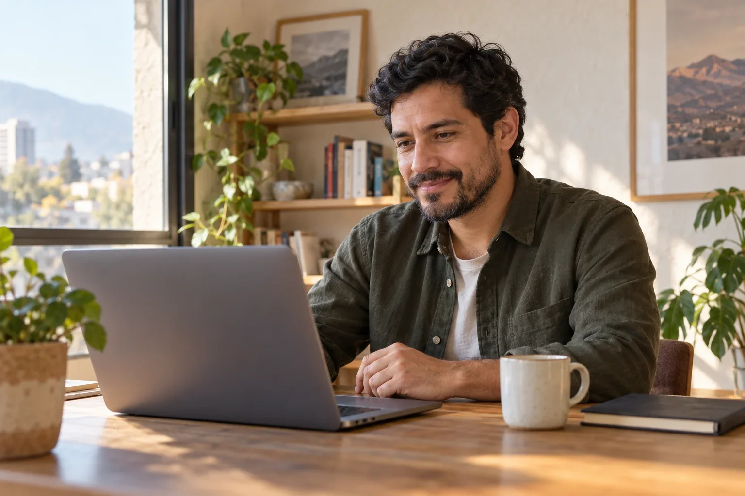 Consultor en una videollamada desde su espacio de trabajo.