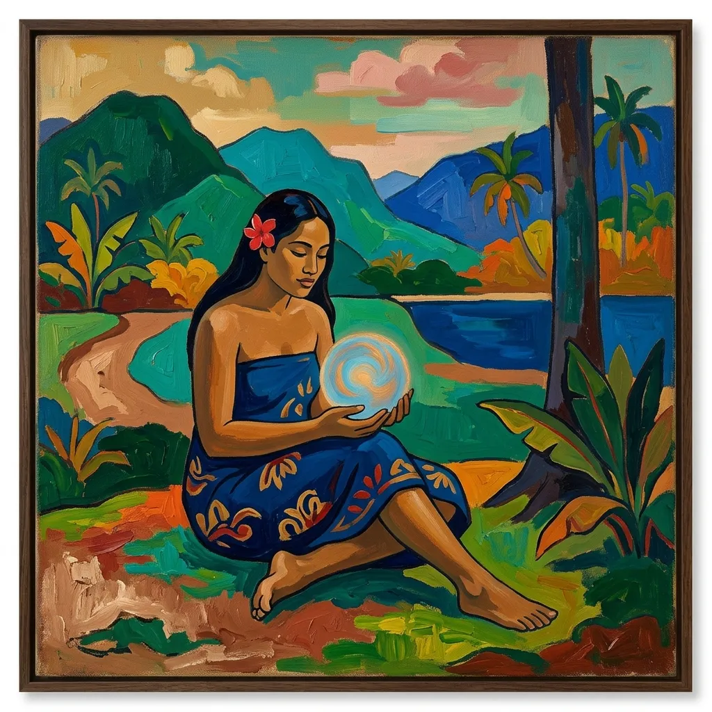 Pintura al óleo minimalista al estilo de Paul Gauguin mostrando una figura serena sosteniendo una esfera de luz que representa la IA en ventas
