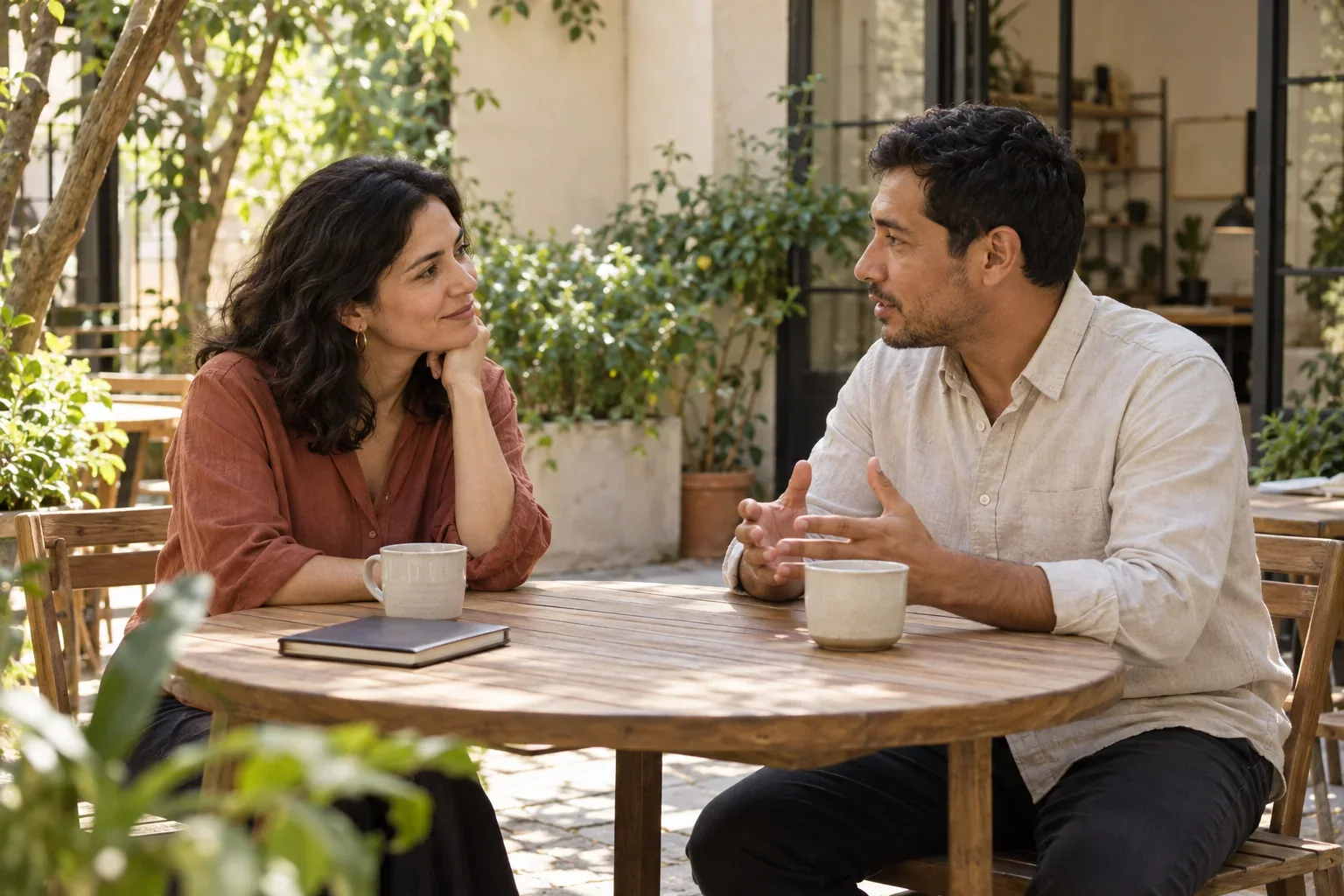 Consultora escuchando a un cliente durante una conversación en un patio con plantas.