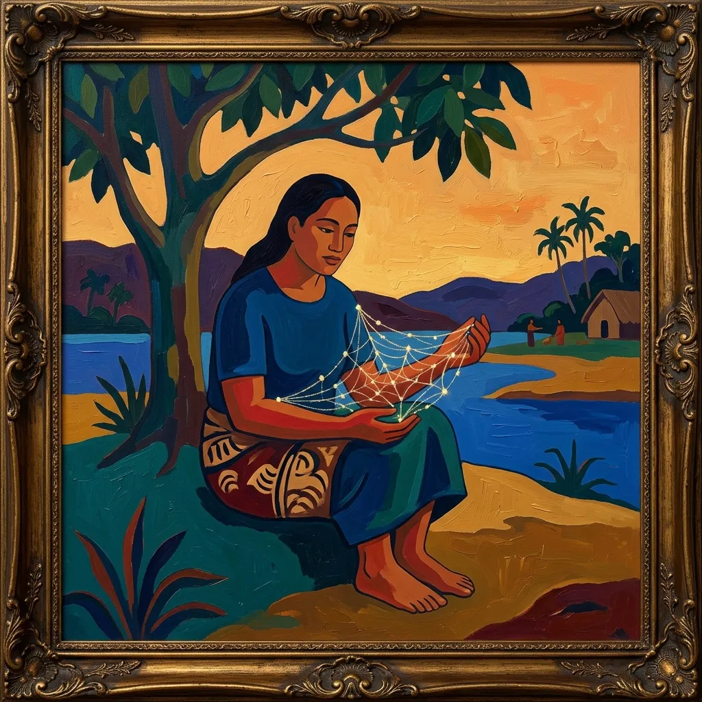 Pintura al óleo minimalista al estilo de Paul Gauguin mostrando una figura serena sosteniendo una red luminosa de conexiones